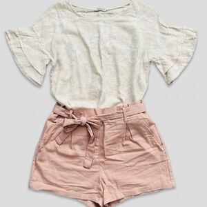 Light pink Embroidered Peasant Top with Blush Tie-Waist Shorts